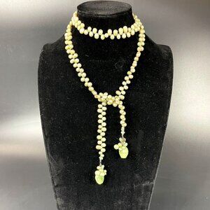 Artisan Green Freshwater Pearl Quartz Long Lariat Necklace Beaded Tassels